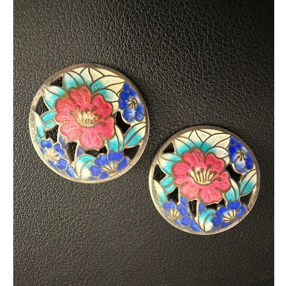 Vintage Floral Cloisonne Earrings Clip Ons Multicolor Flower Enamel